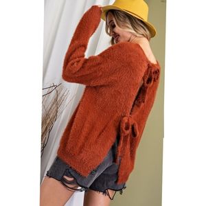 EE:SOME OPEN BACK TIE FAUX FUR SWEATER